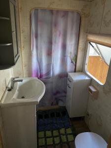 a bathroom with a sink and a shower curtain at ALBA Pelnik domki holenderskie in Pelnik