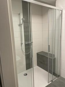 una doccia con porta in vetro in bagno di Ferienwohnung "An der Querne" Querfurt a Querfurt