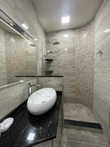 uma casa de banho com um lavatório branco e um chuveiro em SM Apartment em Yerevan