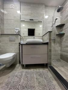 a bathroom with a sink and a toilet and a mirror at SM Apartment in Yerevan