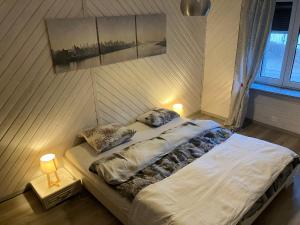 ein Schlafzimmer mit einem Bett mit zwei Kissen darauf in der Unterkunft Au numéro 12 