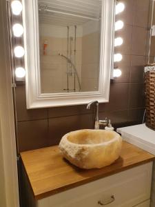 a bathroom with a bowl sink on a counter at Tina's Apartment in Pori