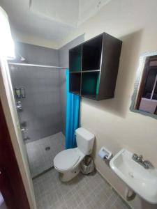 a bathroom with a toilet and a shower and a sink at Hotel Koox Jool Bacalar in Bacalar