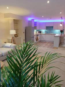 a living room with a couch and a kitchen with purple lighting at Executive Barchester House Apartment in Salisbury +14 photos