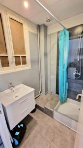 a bathroom with a sink and a shower at Appart hôtel Roanne hyper centre ville in Roanne