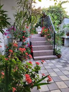 un escalier fleuri dans un jardin dans l'établissement Vila Didi, Mangalia, à Mangalia