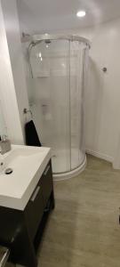 een badkamer met een douche en een wit aanrecht bij Lovely apartment house in Grimsby