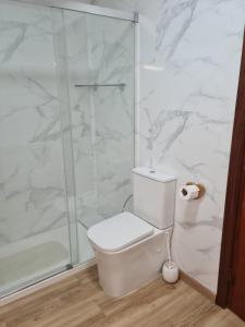 a bathroom with a toilet and a glass shower at Allotjament dels Ports in La Senia +5 photos