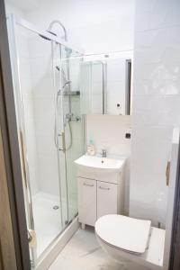 y baño con ducha, aseo y lavamanos. en Apartament przy Rynku en Ostrowiec Świętokrzyski