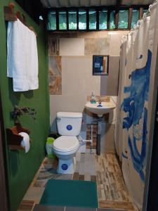 a bathroom with a toilet and a sink at Cabaña blue jeans in San Ramón