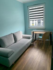 - un salon avec un canapé, une table et une fenêtre dans l'établissement Belzacka City Apartment, à Piotrków Trybunalski