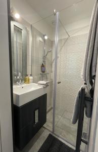 ein Bad mit einem Waschbecken und einer Dusche in der Unterkunft Number4 in Szeged
