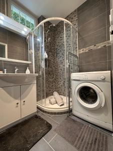 La salle de bains est pourvue d'un lave-linge et d'une douche. dans l'établissement Grand Appt' * Cosy * Proche Paris, à Bagneux