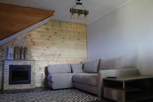 salon z kanapą i kominkiem w obiekcie Mountain Village House w mieście Cetynia