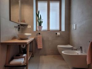 a bathroom with a sink and a toilet and a window at Magnolia Levico in Levico Terme