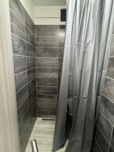 a shower with a shower curtain in a bathroom at Apartments Linic in Nin