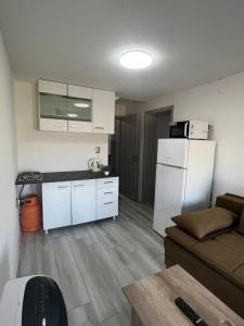 a living room with a white refrigerator and a couch at Apartments Linic in Nin