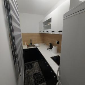 uma pequena cozinha com um lavatório e um frigorífico em Eurouna relax em Bosanska Krupa