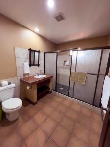 a bathroom with a toilet and a shower and a sink at Belen Suites in San Antonio