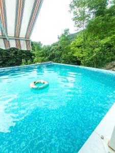 een persoon in een vlot in het water in een zwembad bij Jablanica villa with pool in Jablanica
