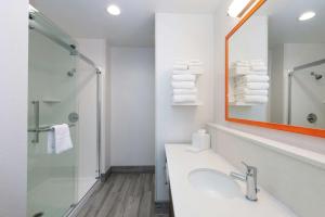a bathroom with a sink and a shower and a mirror at Hampton Inn & Suites Buena Park in Buena Park
