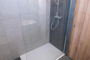 a shower with a glass door and a sink at Apartma pr' Gamilcu in Tolmin