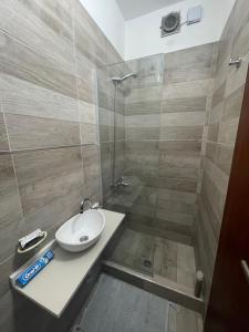 y baño con lavabo y ducha. en Espectacular Departamento en Vicente Lopez ,Avenida San Martín 2248 en Vicente López
