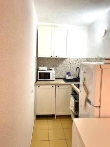 a kitchen with a white refrigerator and a microwave at Apartments Medunić in Ribarica