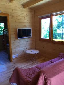a bedroom in a log cabin with a bed and a tv at CHALET MARYVONNE in Les Vans