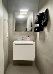 a bathroom with a white sink and a mirror at Confortable appart. en résidence (rez-de-chaussé) in Dudelange