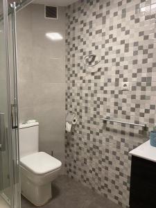 La salle de bains est pourvue d'une douche et de toilettes. dans l'établissement Habitación doble en apartamento de 3 habitaciones, à Salamanque
