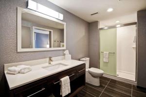 乔治城Home2 Suites By Hilton Georgetown的带水槽、马桶和镜子的浴室