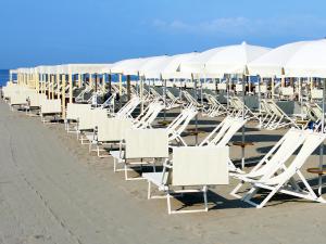 a row of chairs and umbrellas on a beach at Hotel La Pigna in Marina di Pietrasanta