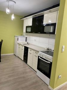uma cozinha com electrodomésticos brancos e paredes verdes em Prishtina Rent Apartment B Street em Pristina