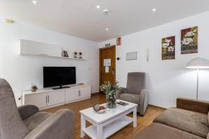 salon z kanapą i telewizorem w obiekcie BNBHolder Apartamentos en Sol Confort 2 w Madrycie