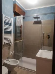y baño con ducha, aseo y lavamanos. en Friend of all the world - Giardino di Roma - Casal Bernocchi - Acilia, en Vitinia