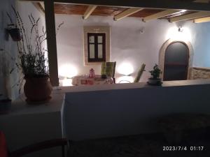 a room with a table and a counter top with plants at Harmony at Trifilianika in Trifilliánika