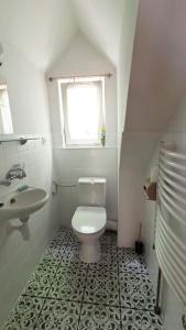 een witte badkamer met een toilet en een wastafel bij Trzemcha in Tuchów