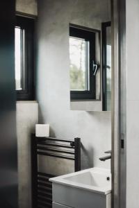 a bathroom with a white sink and a mirror at RiW Małe Swory - Domek pływający Houseboat in Małe Swornegacie