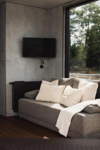 a couch with pillows on it in a living room at RiW Małe Swory - Domek pływający Houseboat i domki drewniane in Małe Swornegacie