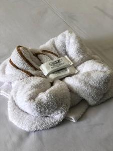 a towel with a bottle of soap on top of it at Hotel Rodeio in Lages