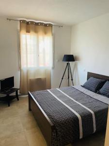 a bedroom with a large bed and a window at Jolie maison de village 2 chambres in Ouveillan