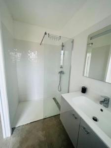 a white bathroom with a shower and a sink at Jolie maison de village 2 chambres in Ouveillan