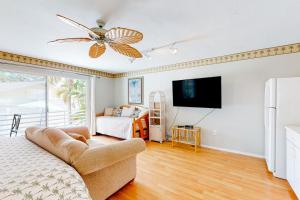 a living room with a couch and a tv at Serene Siesta Key in Siesta Key