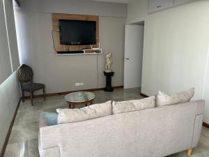 a living room with a couch and a tv at Depto Céntrico a Estrenar con cochera propia in Mendoza