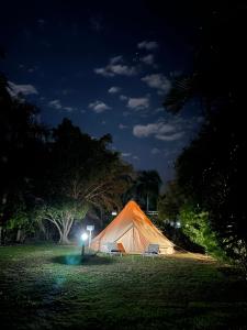 a tent sitting in a field at night at Noonamah Tourist Park in Noonamah