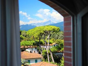 a view of a mountain from a window at Hotel La Pigna in Marina di Pietrasanta