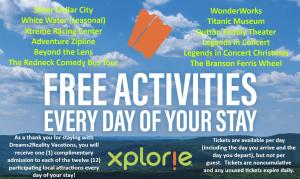 a flyer for a free activities every day of your stay at New Build - Walk-In 3BR Condo with Arcade Game - FREE ATTRACTION TICKETS INCLUDED -- FHG-207 in Branson