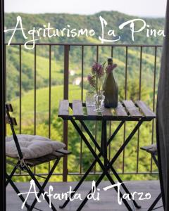 Tarzo的住宿－Agriturismo La Pina，阳台上的桌子上摆放着花瓶和鲜花
