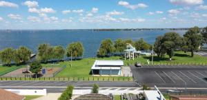 an aerial view of a park next to the water at Lakeside Apartment on Pool Avenue in Mulwala